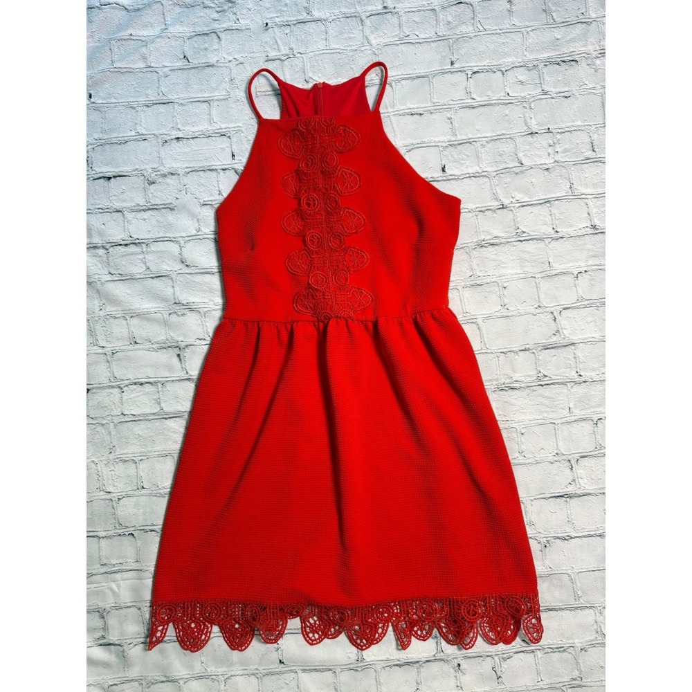 Miami Crochet Lace Trim Mini Dress Large Red Sleeveless Halter Party Boho Summer